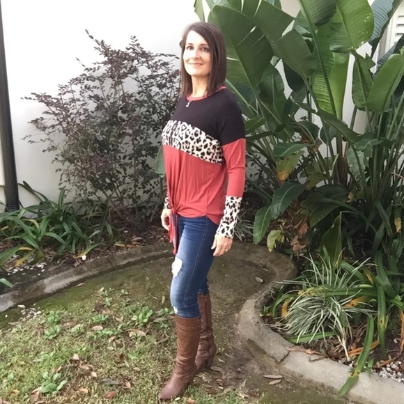 ❤️‍🔥Color Block Leopard Round Neck Long Sleeve Self Tie 0619 - Picture 6 of 10